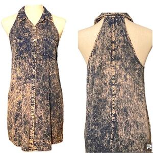 Lue Sleeves Distressed Blue Denim look Button Down Top Size Small